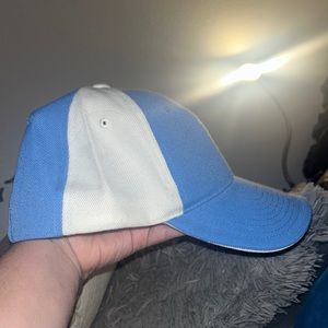 blue and whit baseball hat